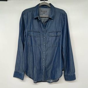 Level 99 Button-Up Shirt Women's Size L Blue Moon 100% Lyocell Relaxed Curve Hem